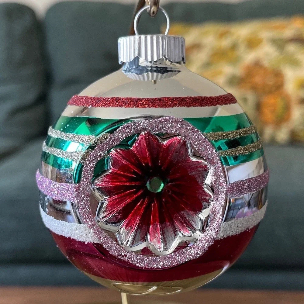 Radko Shiny Brite Glitter Striped Ornament Indent Ball Pink‎ Teal blue jumbo
